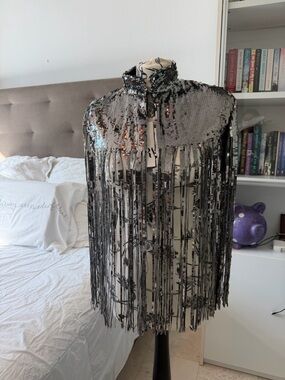 Zara Silver and Black Sequin Fringe Capelet